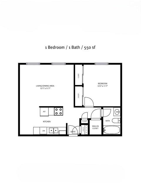 Floor plan for 1 bed, 1 bath, 650 sqft